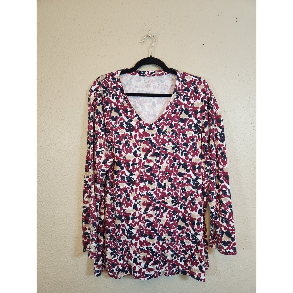 Falls Creek Womens 3X Burgundy Floral V-Neck Long Sleeve Knit Tunic Top